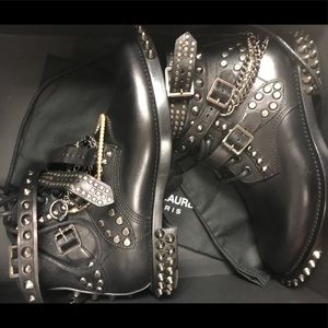 $2350 FAMOUS YSL Black leather Ranger stud boots